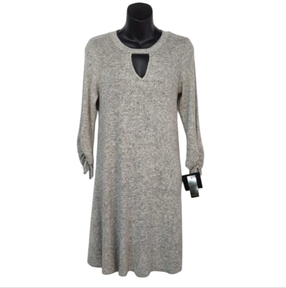 IZ Byer Dress Women's Gray Sweater Dress Cutout Neck Ruch Cuff Size M NWT